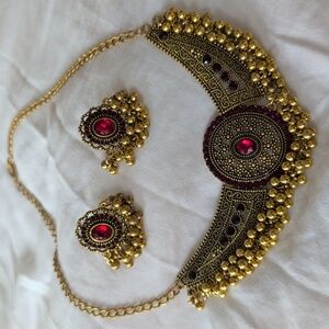 Gold and Red Choker Necklace And Earrings Beaded Faux Ruby 15"